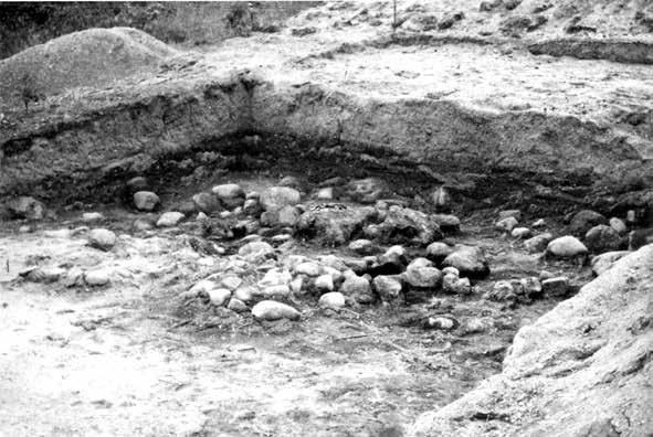 Widok od strony północnej poszerzonego wykopu 4 nad rozsypiskiem kamieni w spągu fosy nr 2 (1964