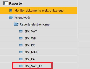 Księgowość-> Raporty Elektroniczne wybrać raport JPK_VAT_17.