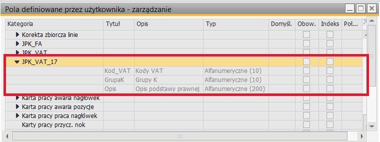 zawierającą oprócz kolumn domyślnych Code oraz