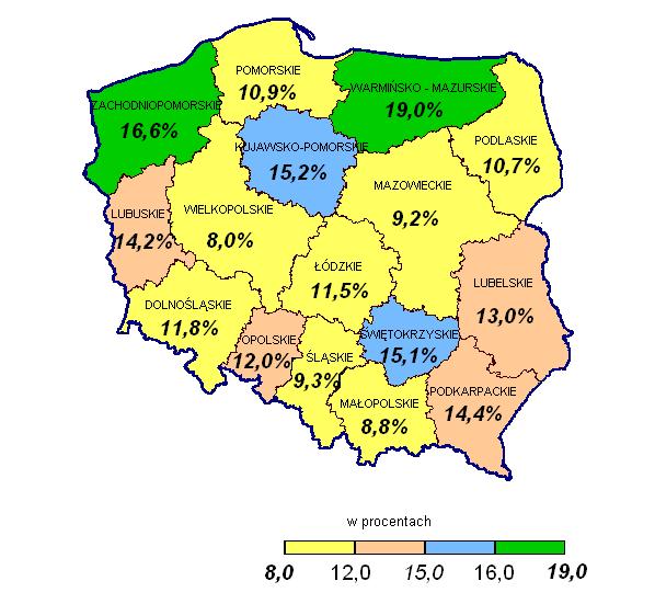 STOPA BEZROBOCIA W POLSCE WEDŁUG WOJEWÓDZTW Stan w dniu 31 grudnia