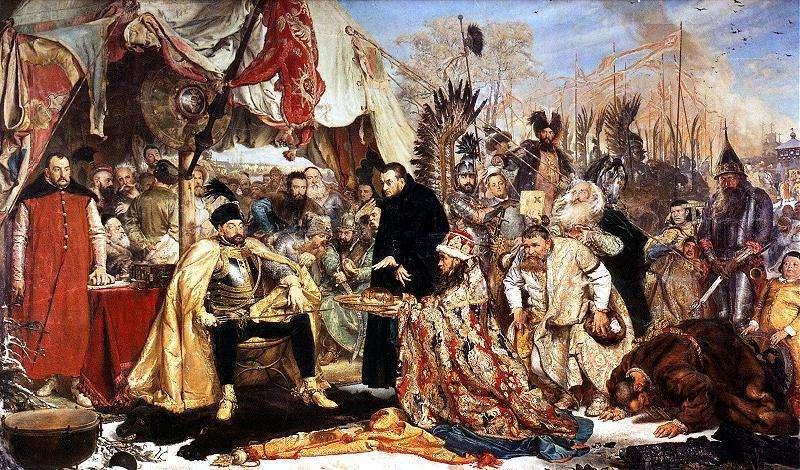 Obraz przedstawia polskiego króla podczas przyjmowania kapitulacji Pskowa.