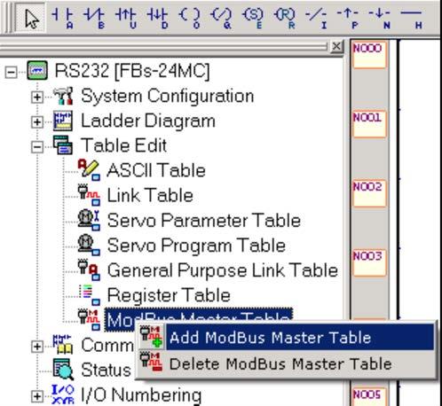 Rys. 12: Dodanie tabeli ModBus Master Table w drzewku projektu Po wykonaniu powyższej czynności otwiera się poniższe okno.