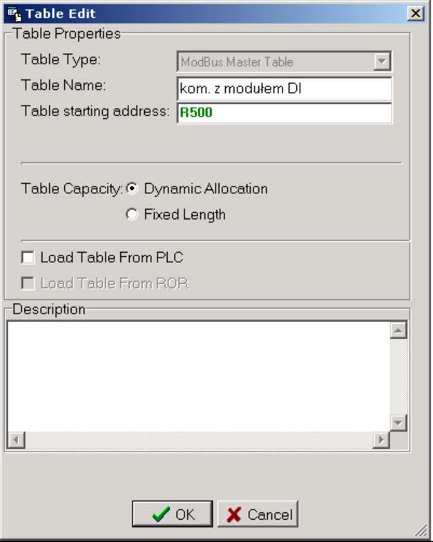 Gdy będzie już stworzona tabela ModBus Master Table, można po kliknięciu Add dodawać w niej wpisy określające odczyt zmiennych modułu wejść dyskretnych do zmiennych sterownika PLC.