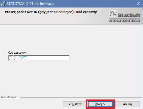 Drugi krok kreatora instalacji - wprowadzeniu nr seryjnego oraz klucza produktu W kolejnym oknie należy wprowadzić kod czasowy, który również jest dostępny po zalogowaniu się do strony pobierania