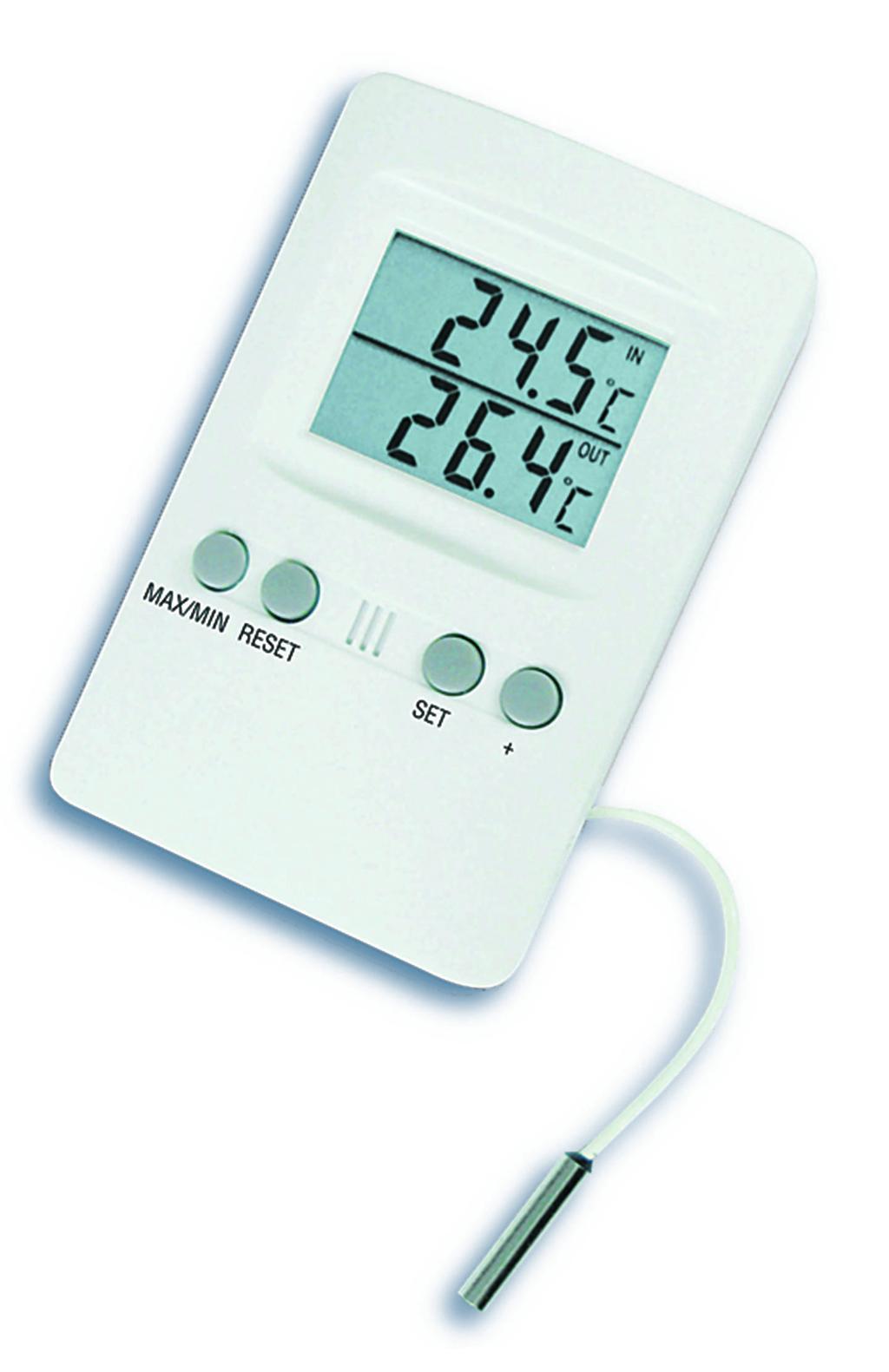 Termometr Elektroniczny termometr maksimum-minimum z alarmem wartości granicznych Producent: TFA-Dostmann. Jednoczesne wyświetlanie temperatury wewnętrznej i zewnętrznej Pamięć wartości min./max.