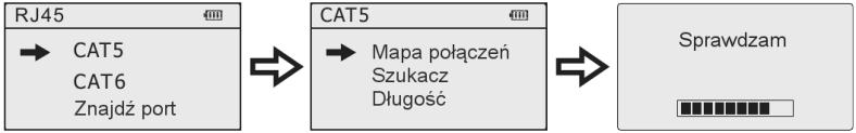 Tworzenie diagramów (mapy połączeń żył) Po włączeniu urządzenia należy wybrać Tryb testu / Kategorię kabla / Mapa Połączeń.