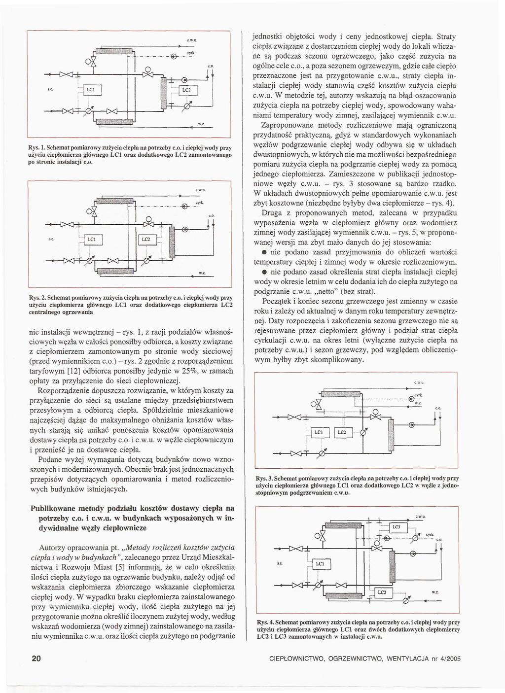 Rys. 1. Schemat pomiarowy zużycia ciepła na potrzeby c.o. i ciepłej wody przy użyciu ciepłomierza głównego LC1 oraz dodatkowego LC2 zamontowanego po stronie instalacji c.o. Rys. 2.