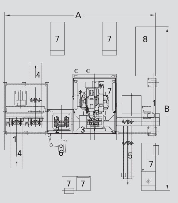 1 Replacement transport (loading portal)2 Geometry measuring station3 Measuring, control and correction station4 Feed / outlet "IO parts"5 Outlet "out of tolerance"6 CAB 850