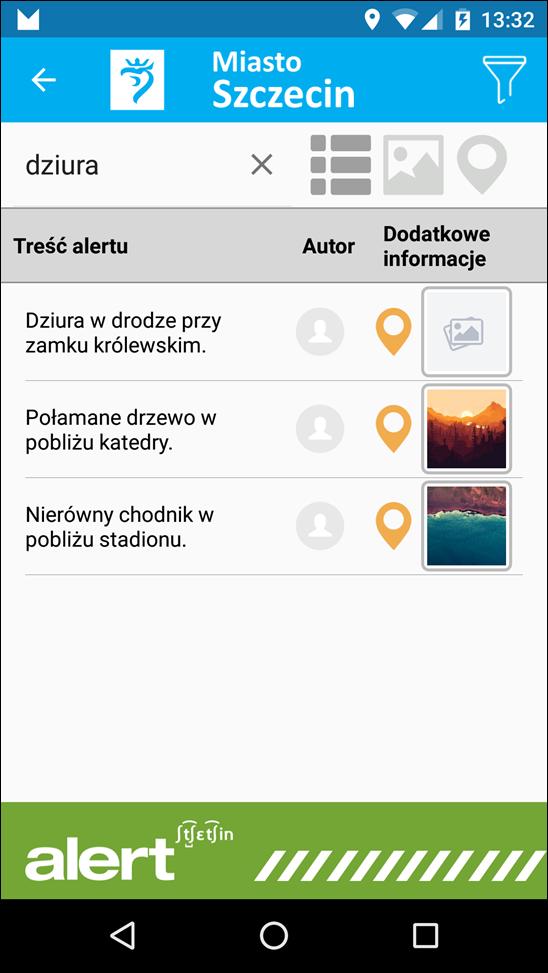 16 6. Ekran alertów wysłanych do systemu Alert Szczecin Ekran umożliwia przejście do ekranu