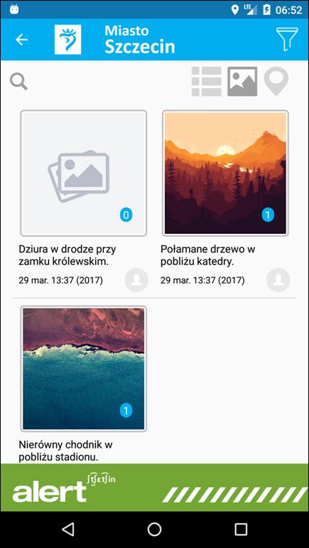 Widok mapy zgłoszeń Kliknięcie w wybrany alert powoduje otwarcie ekranu szczegółów zgłoszenia.