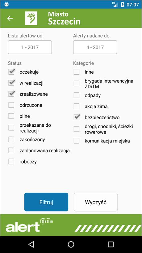 17 6.4 Ekran filtra zgłoszeń Ekran umożliwia filtrowanie zgłoszeń wyświetlanych na liście zgłoszeń wedle zadanych parametrów: statusów, kategorii zgłoszeń, zakresu dat.