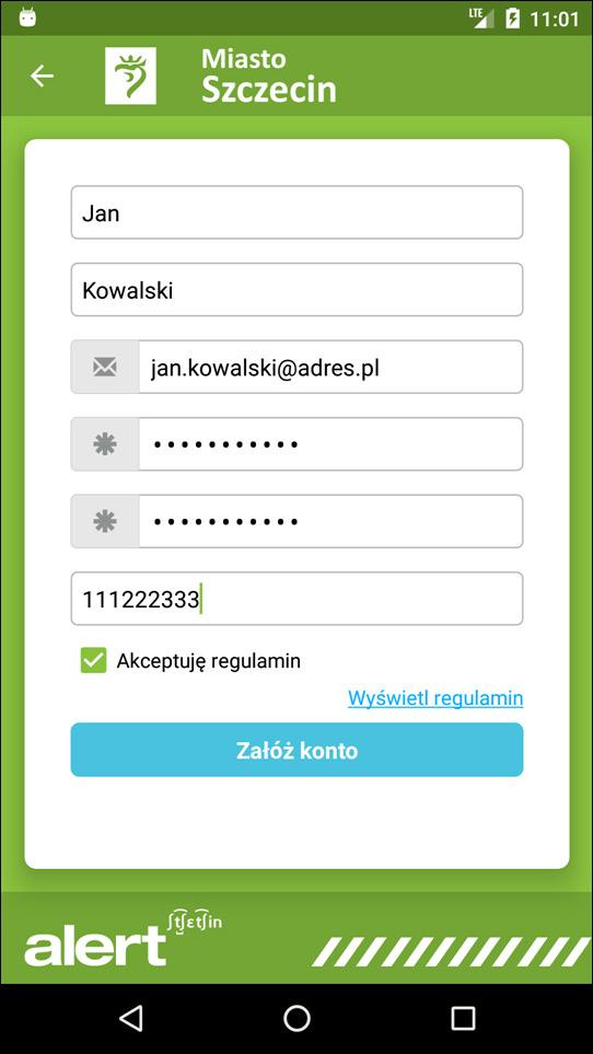 6 2.3. Ekran rejestracji Ekran rejestracji umożliwia założenie nowego konta w systemie. Kliknięcie przycisku Załóż konto powoduje walidację formularza i wysłanie danych na serwer.