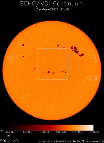 Rysunek 1: Po lewej: Obraz tarczy słońca z satelity SOHO/MDIm