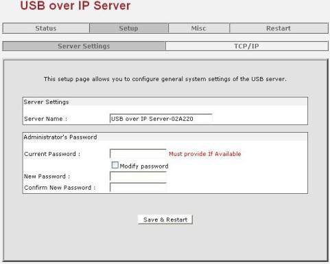 USB. Setup (Ustawienia): - Server Settings (Ustawienia serwera): W