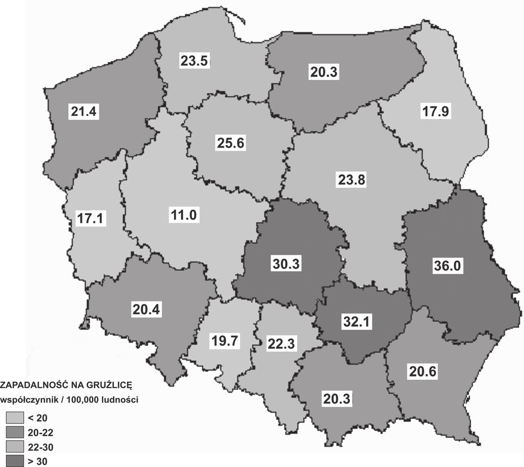 Epidemiologia gruźlicy Ryc. 9. Zapadalność na gruźlicę w Polsce w 2006 r. według województw; wg [30]. 1996 a 2006 wskaźnik zapadalności zmniejszył się o 43%.