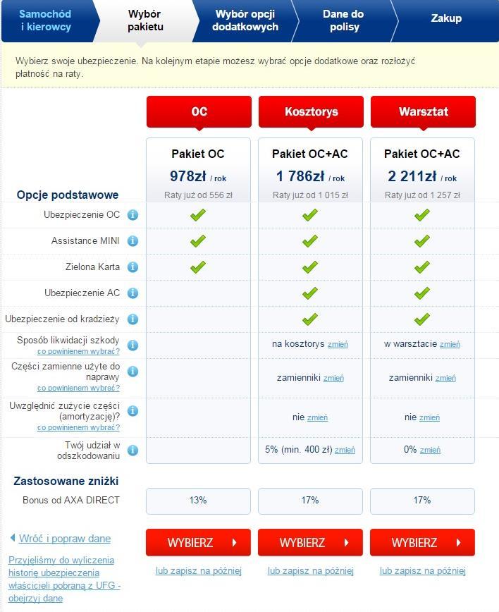 KROK 2 W kolejnym oknie (Wybór pakietu) należy wybrać rodzaj pakietu, ewentualnie znieść udział własny w odszkodowaniu AC najpierw wybierz rodzaj pakietu; na kolejnym ekranie dostosujesz zakres