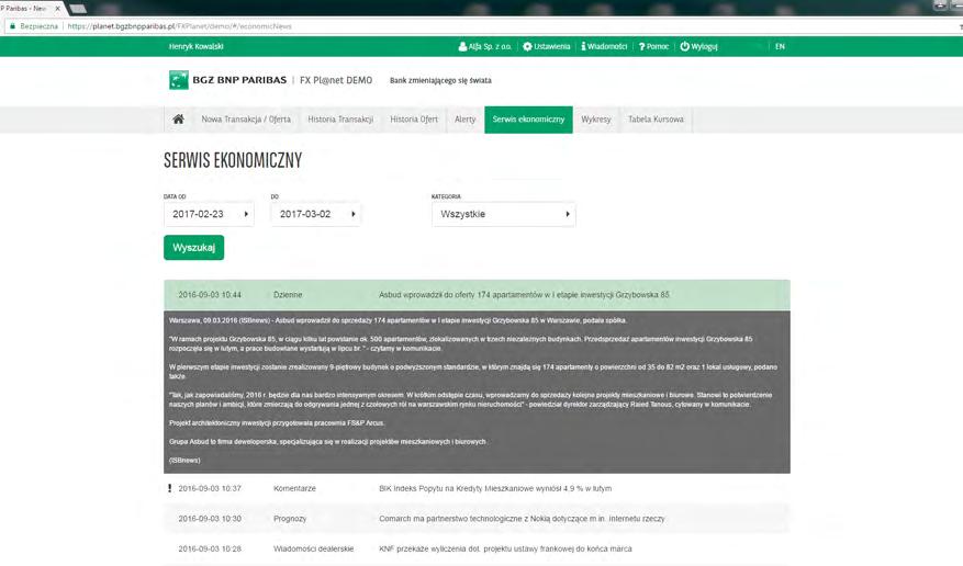 3.6 SERWIS EKONOMICZNY Każdy użytkownik ma dostęp, z poziomu zakładki Serwis ekonomiczny, do codziennych komentarzy ekonomicznych przygotowanych przez ekonomistów Banku BGŻ BNP Paribas S.A.