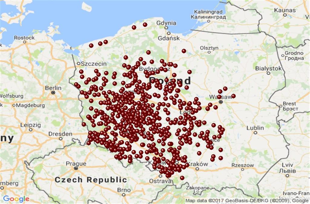 Na mapie poniżej pokazano sieć sklepów wraz z lokalizacją centrów dystrybucyjnych Grupy Dino na dzień 31 grudnia 2016 r.