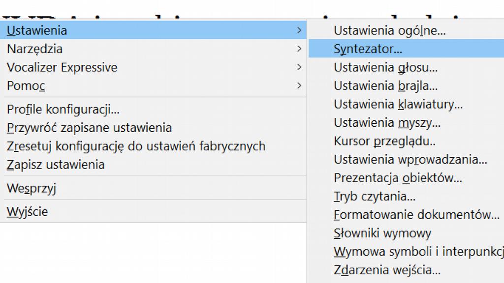 Ilustracja 8: Menu NVDA z wyborem ustawień Syntezator.