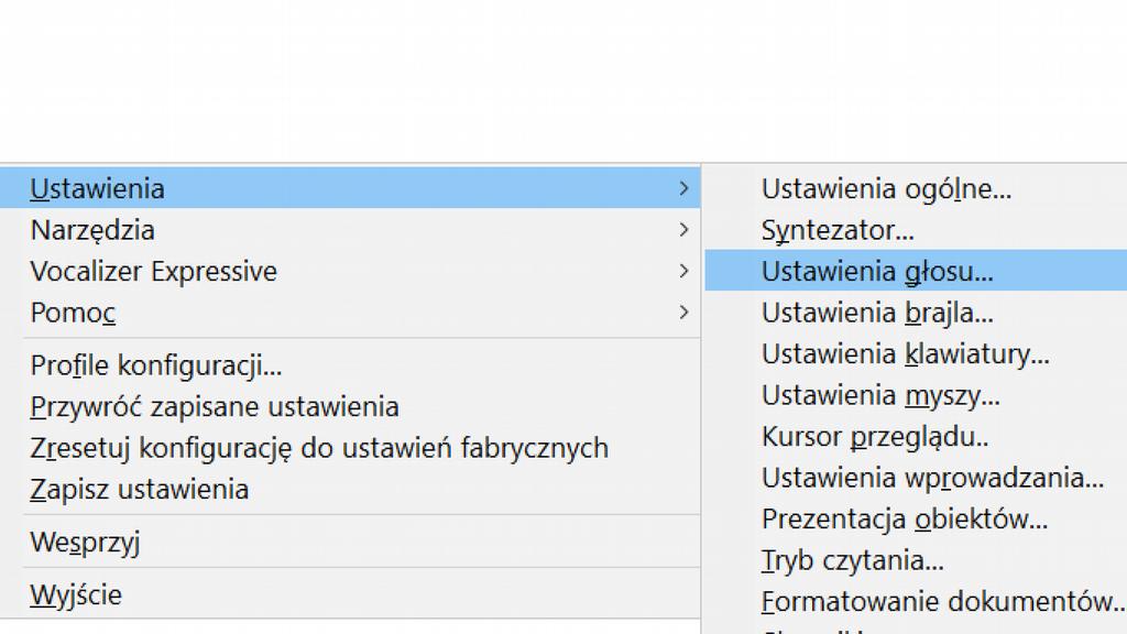 Ilustracja 10: Menu NVDA i wybór Ustawień głosu Po naciśnięciu klawisza Enter otworzy się okno dialogowe Ustawienia głosu.