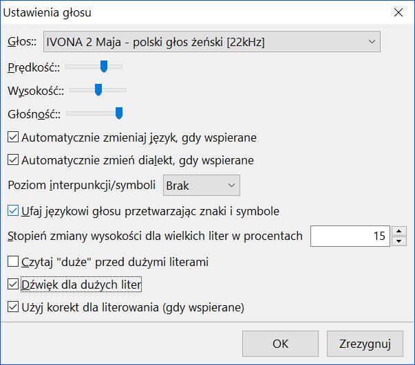 używać w NVDA. Przechodząc Tabulatorem do kolejnych pól możemy ustawić strzałkami prędkość, czy też głośność syntezatora.