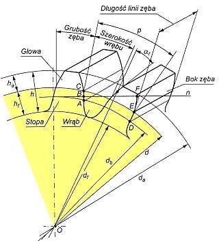 Podstawowe parametry geometryczne Okręgi koła zębatego Okrąg podziałowy okrąg koła zębatego na którym odkładana jest podziałka koła - p.
