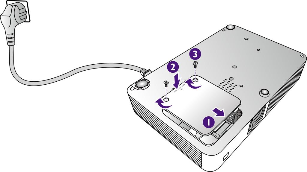Podłączanie modułu do wejścia HDMI 3/MICRO-B 1. Ustaw projektor na płaskiej powierzchni spodem do góry. 2. Poluzuj śrubę mocującą osłonę złącza HDMi 3/MICRO-B i otwórz osłonę. 3. Podłącz kabel USB wewnątrz projektora do gniazda USB na module, a następnie podłącz moduł do wejścia HDMI 3/MICRO-B.