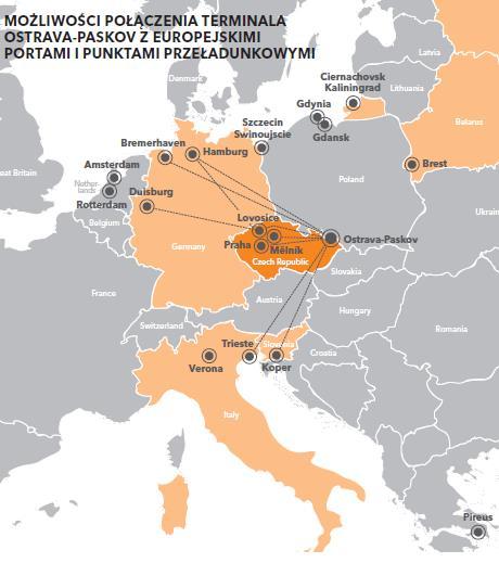 TERMINAL OSTRAVA-PASKOV POŁOŻONY W POBLIŻU WAŻNYCH STREF PRZEMYSŁOWYCH I GRANIC Z POLSKĄ I SŁOWACJĄ TERMINAL NA 2400 TEU, POWIERZCHNIA MAGAZYNOWA I MANEWROWA - 31 TYS.