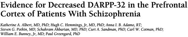 activated and deactivated ultimately by neurotransmitters that are implicated in the development of schizophrenia," "the observed abnormality in DARPP-32