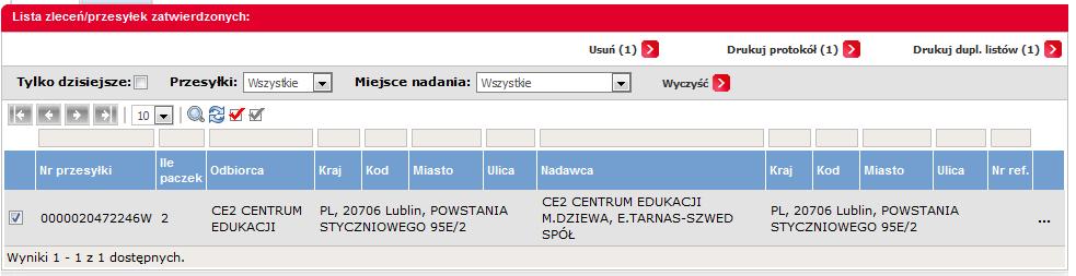 Nasza paczka nie znajduje się już na Liście paczek oczekujących nasza paczka widnieje teraz poniżej w tabeli Lista zleceń/przesyłek zatwierdzonych.