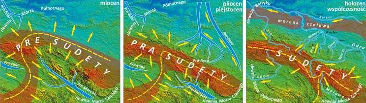 W poszukiwaniu dawnej Odry 75 Il. 4. Zmiany schematu hydrograþ cznego Sudetów w kenozoiku. Zaciemnione zosta y przypuszczalne dawne elewacje morfologiczne (pasma górskie?