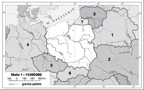 Mapa do zadań od 11 do 14. Zadanie 11. (0 4) Do tabeli wpisz nazwy państw sąsiadujących z Polską, które są członkami Unii Europejskiej, ich stolice i cyfry, jakimi oznaczone są na mapie.