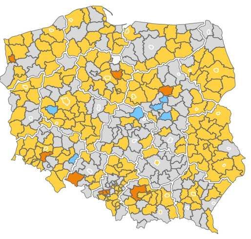 oznacza deficyty pracowników, niebieski nadwyżkę, szary równowagę popytu