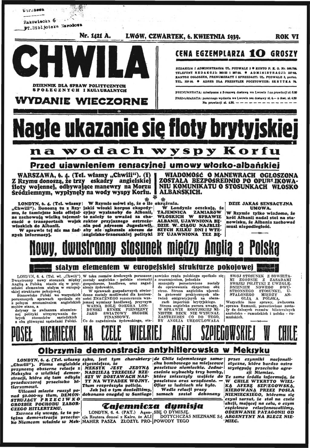 FuK* 3 6 CHL DZENNK DL SPR POLTYCZNYCH SPOŁECZNYCH KULTURLNYCH YDNE ECZORNE N 42 LÓ CZRTEK 6 KETN 939 ROK V CEN EGZEMPLRZ l O GROSZY REDKCJ DMNSTRCJ UL PODLE 2 KONTO P X O N 500700 TF-LEPONT REDKCJ!