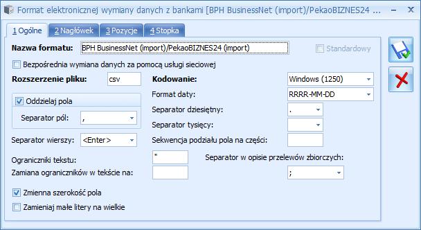 Poszczególne pola należy uzupełnić zgodnie z wymaganiami banku, np. w oparciu o przykładowe pliki z przelewami lub dokumentację banku opisującą strukturę takich plików.