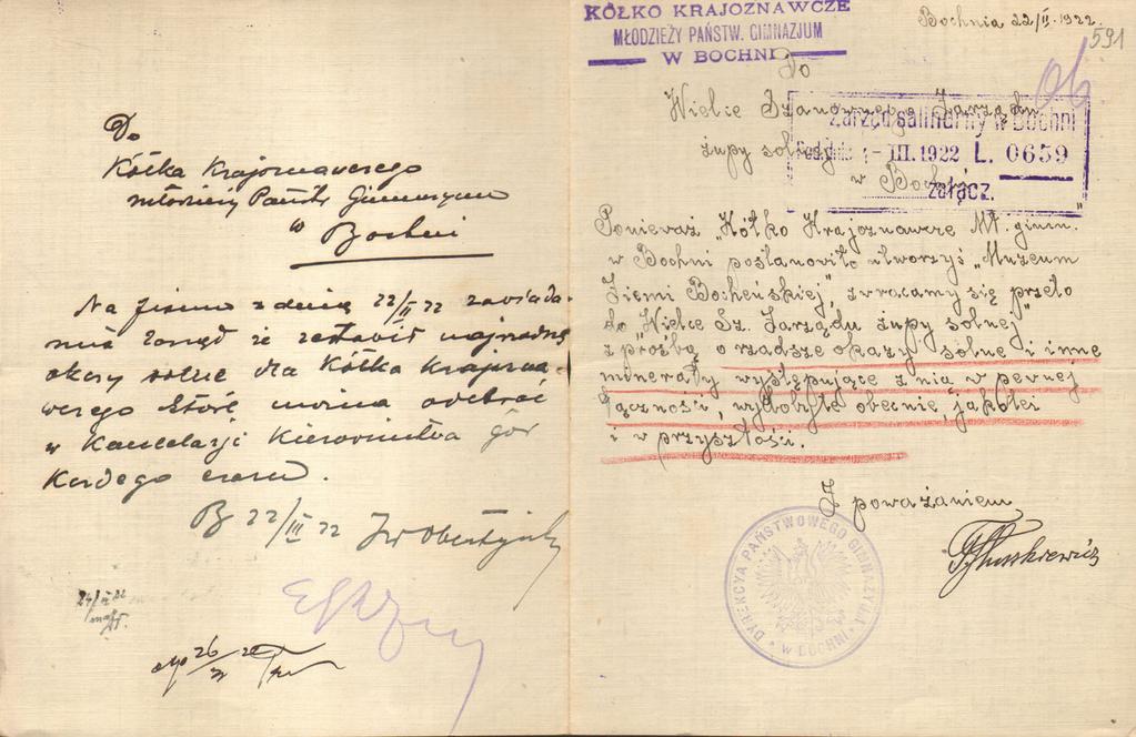 SŁUŻBOWO I PRYWATNIE. ZNANI I NIEZNANI GOŚCIE 307 Fot. 4. Prośba do dyrekcji żupy bocheńskiej o przekazanie okazów solnych po jej zwiedzeniu w 1922 r.