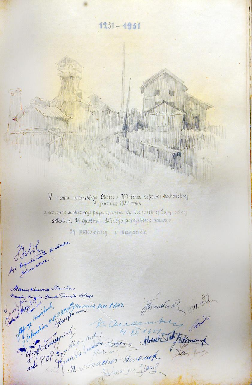 314 P. WSZOŁEK Fot. 9. Wpis pamiątkowy uczestników uroczystych obchodów 700-lecia kopalni bocheńskiej w 1951 r.