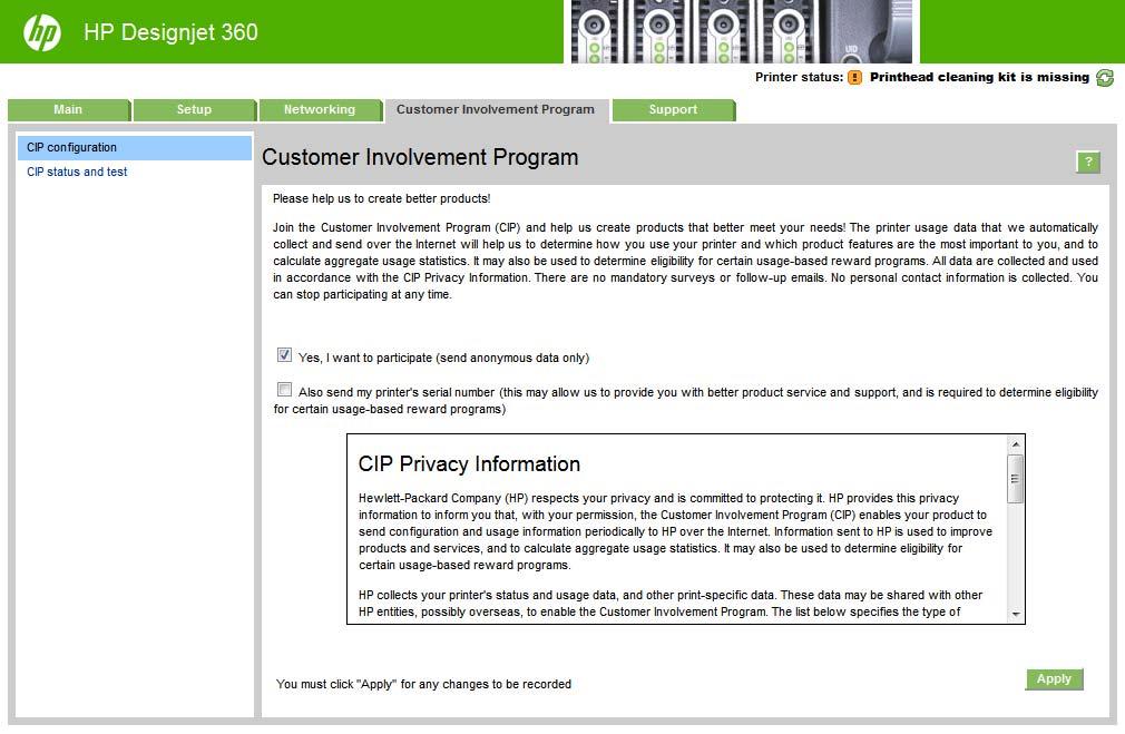 Program Customer Involvement Program jest statystycznym systemem śledzenia użytkowania drukarki.
