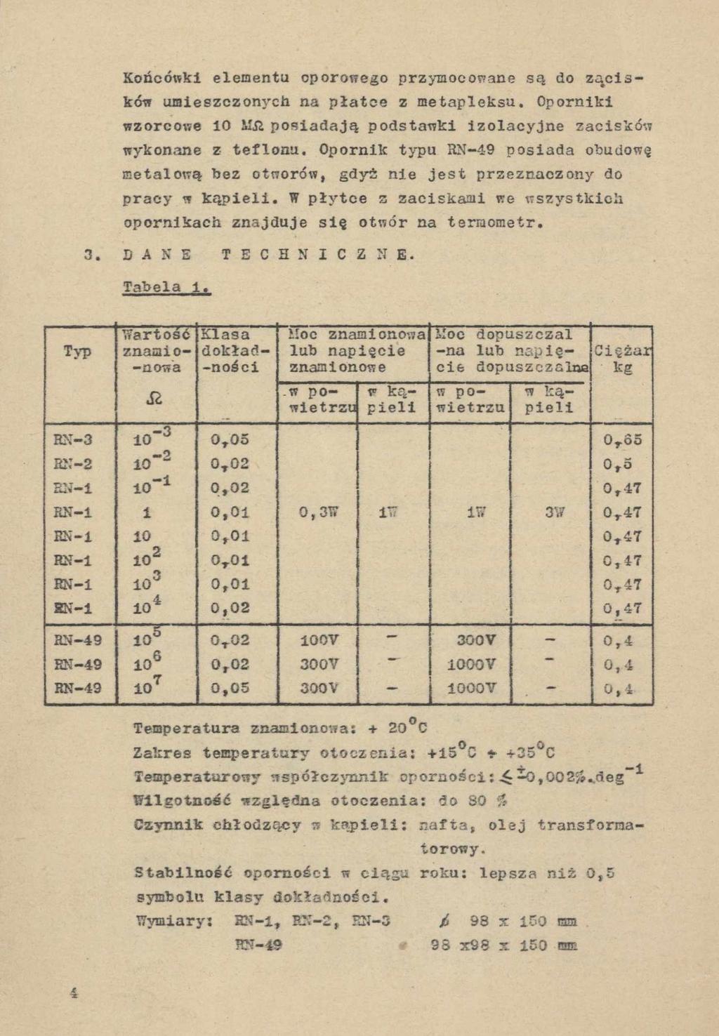 Końcówki elementu oporowego przymocowane są do zacisków umieszczonych na płatce z metapleksu. Oporniki wzorcowe 10 11,51posiadają podstawki izolacyjne zacisków wykonane z teflonu.