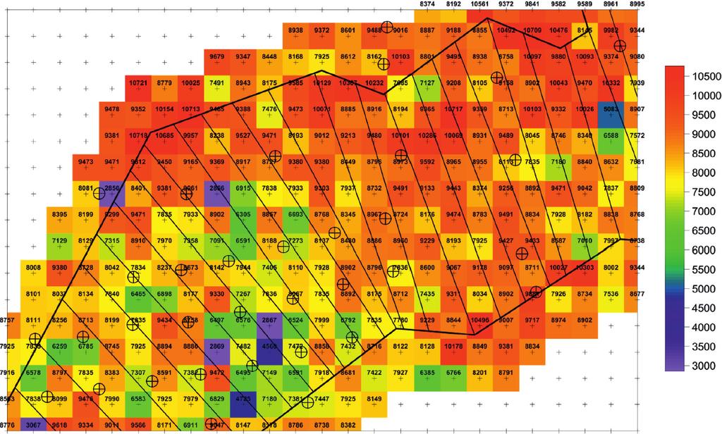 Lignite seam thickness model with the borders of areas destined for mining in consecutive months zacjami przedstawiają miarę niepewności predykcji wykonanej metodą symulacji na podstawie dostępnych