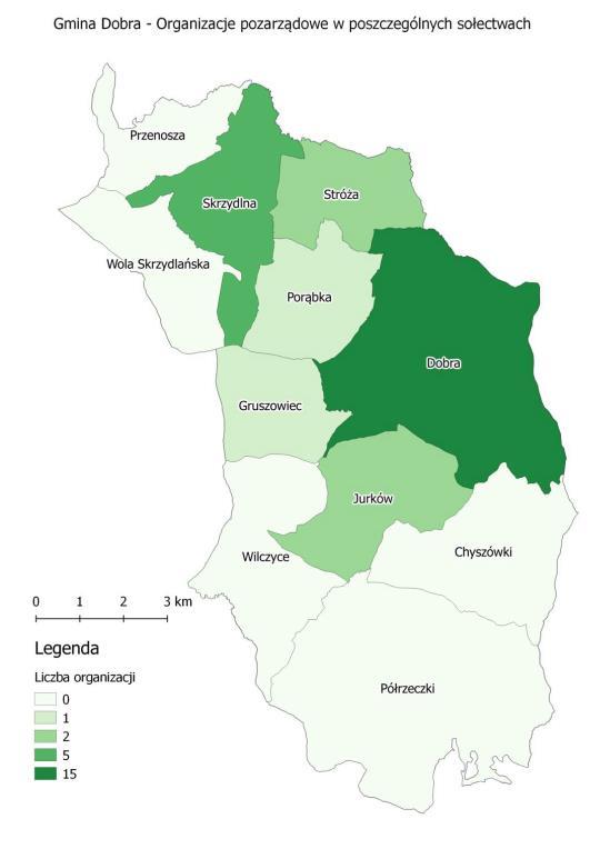 Widać wyraźnie na poprzednich mapach pewne zależności: najbardziej ludne obszary to sołectwa: Dobra, Jurków i Skrzydlna, a także Porąbka, Chyszówki i Stróża.