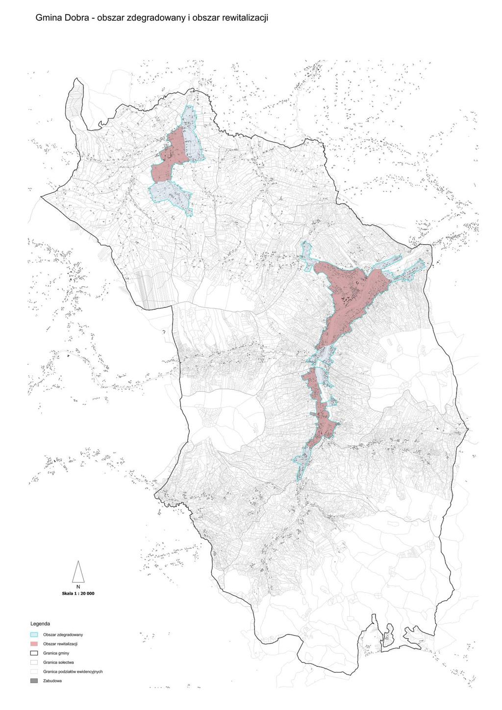 Mapa ukazująca podobszary rewitalizacji pokazane na tle całej gminy oraz obszaru zdegradowanego została zamieszczona poniżej.