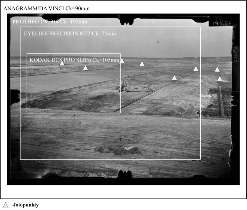 Rys. 4. Teoretyczny zakres zdjęć dla różnych kamer i rozmieszczenie fotopunktów na odkrywce. 6.