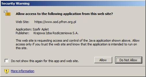 uruchomienie appletu Java w przeglądrce wciskając przycisk Allow.