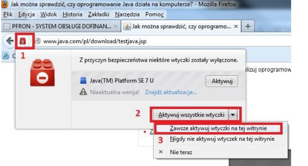 Jak aktywować wtyczkę Java? Po wyczyszczeniu cache należy sprawdzić czy w pasku adresu aplikacji SODiR widoczna jest czerwona ikona.