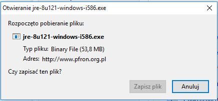 Jak zainstalować oprogramowanie Java? Aby pobrać aktualnie wspieraną wersję Java należy wkleić w przeglądarce adres strony: http://www.pfron.org.pl/download/1/7448/jre-8u121-windows-i586.
