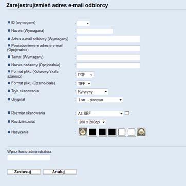 Rejestrowanie odbiorców skanowania Ustawienia skanowania do poczty e-mail Pozycja Ustawienie Opis ID Wymagane Wybierz przy ustalaniu odbiorcy skanu.