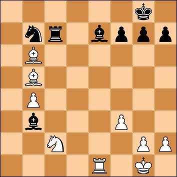 skoczka na b7. Po 17.f3 Gf5 18.c:d5 e:d5 białe łatwo uaktywniają wieżę 19.W:d5, która po przerzuceniu na szóstą linię przyda się niedługo w zwycięskiej kombinacji.