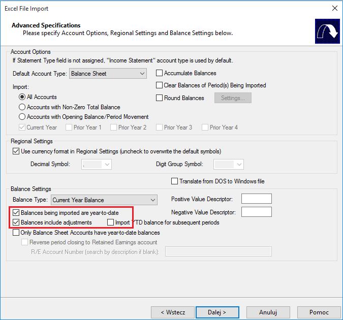 Zaznacz parametry Balances being imported are year-to-date i Balances include adjustements zarówno dla bieżącego