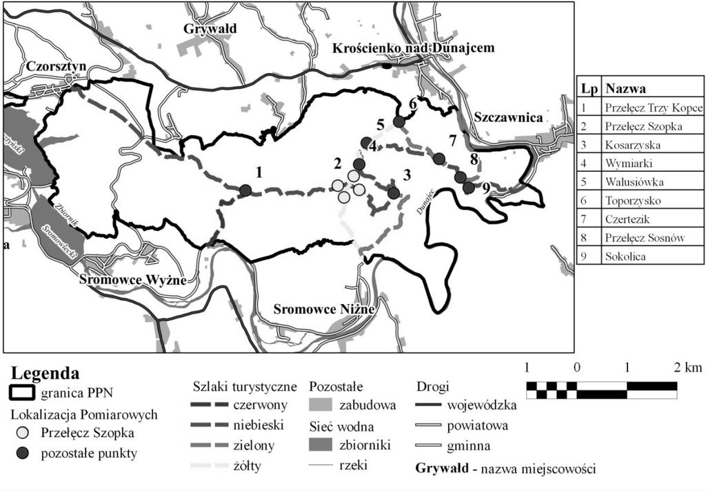 się jedna bądź dwie osoby. Punkty, w których miał miejsce pomiar zaznaczone są na mapie kropkami.